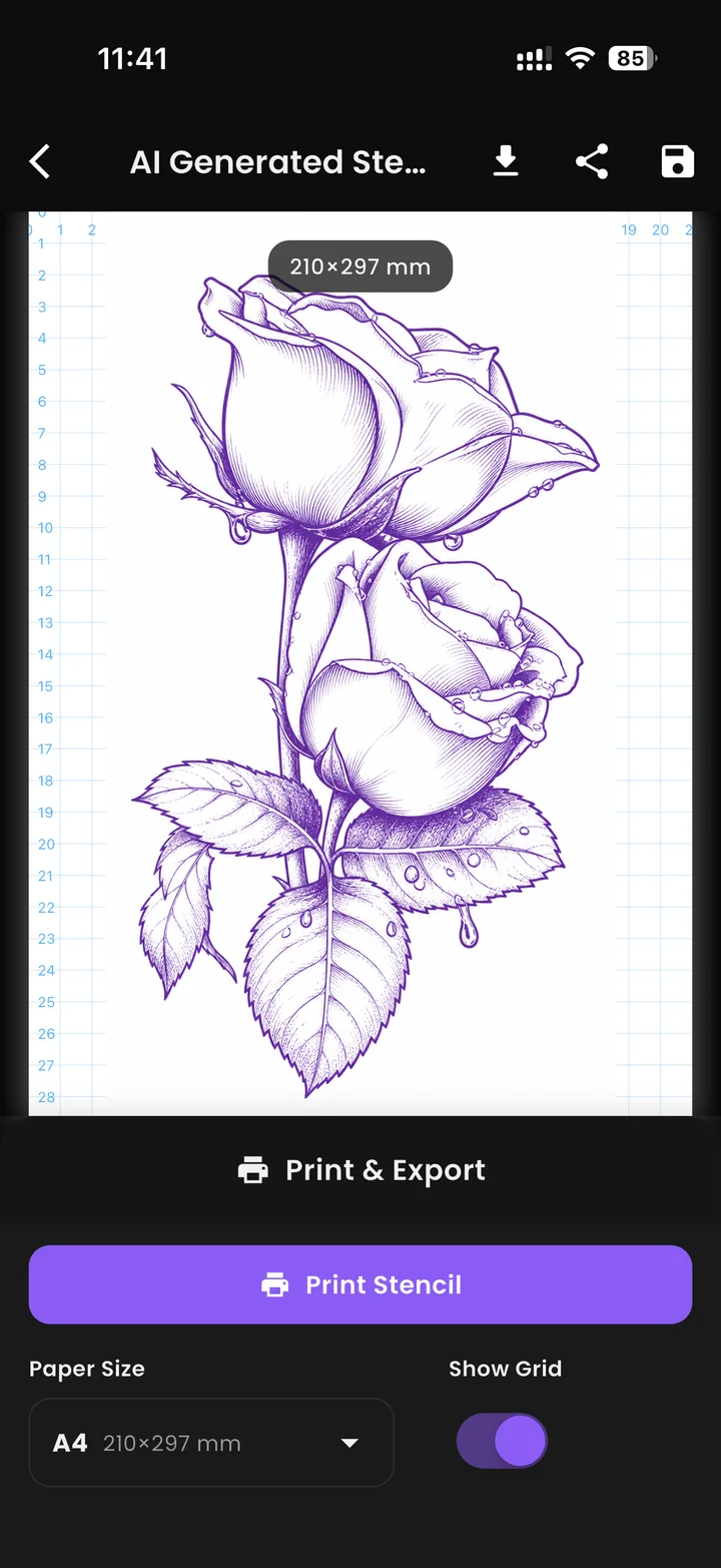 Tattoo Stencil Maker app showing an AI-generated rose stencil laid out on an A4 grid, ready to print at true size