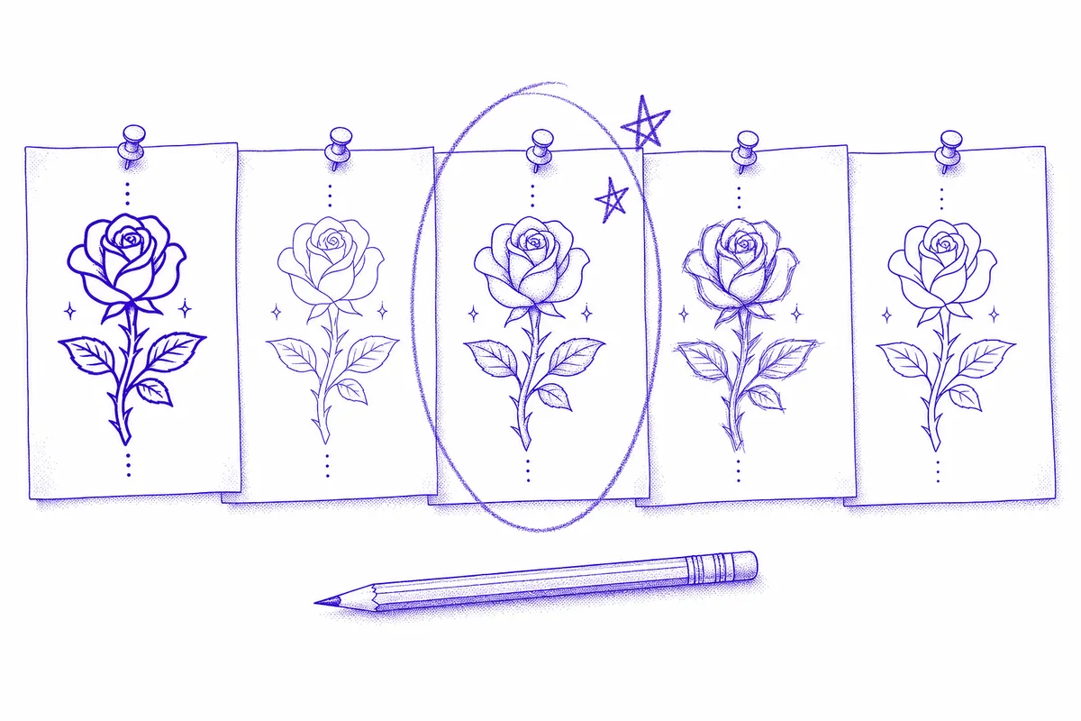 Illustration of five rose stencil sheets pinned side by side for comparison, with the winning sheet circled in pencil