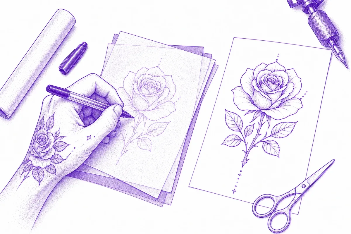 Illustration of a hand tracing a rose design onto layered hectograph stencil paper, with a finished stencil sheet beside it