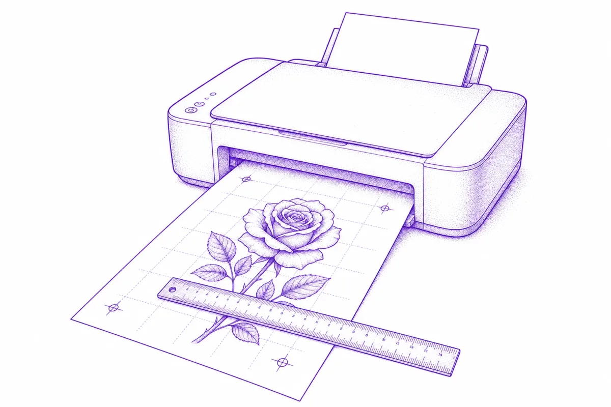 Illustration of a printer producing a rose tattoo stencil with registration marks, measured by a ruler