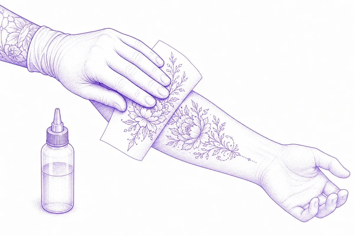 Illustration of a gloved hand pressing a paper tattoo stencil onto a forearm, with transfer solution nearby