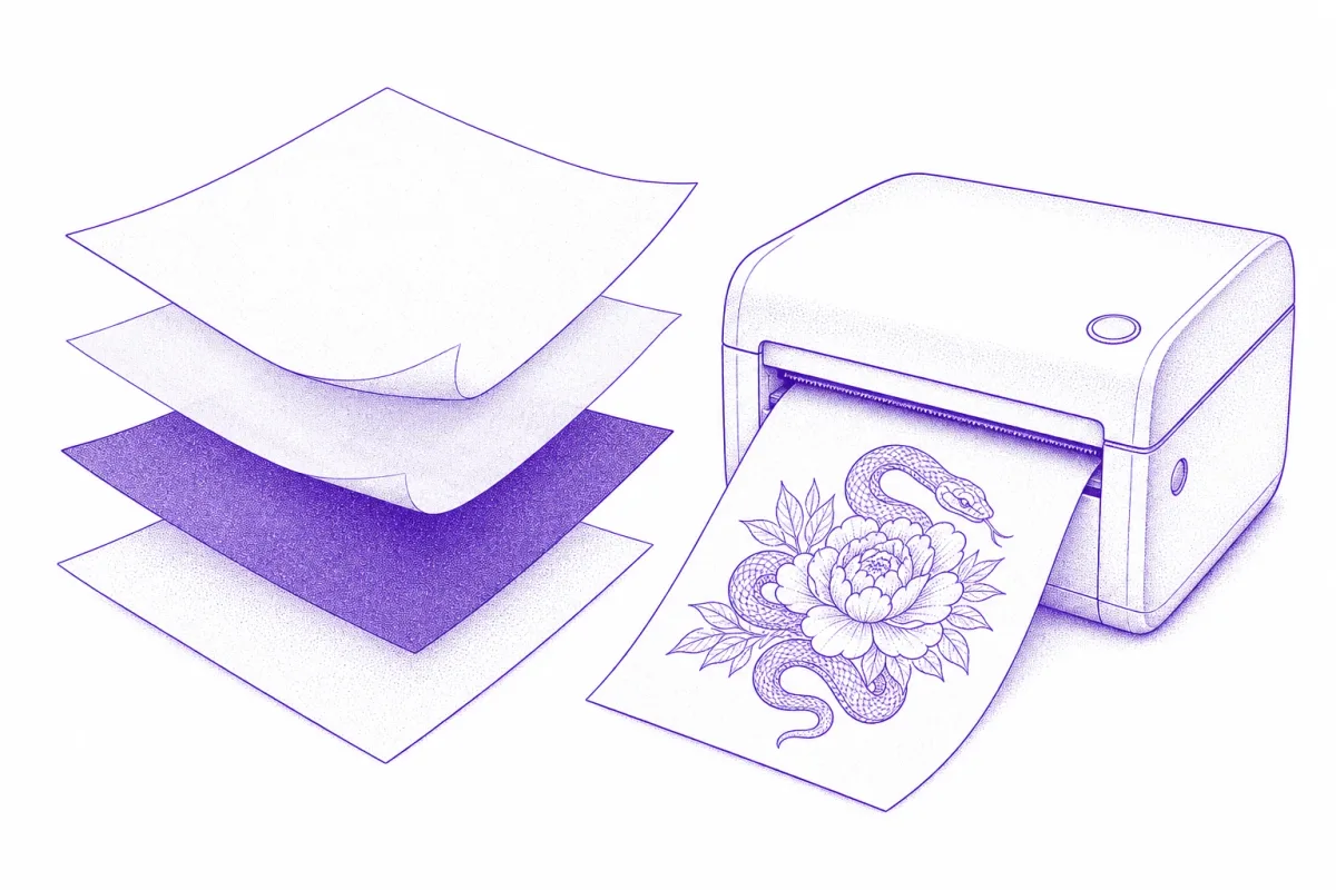 Illustration of the four layers of hectograph stencil paper fanned out next to a thermal stencil copier